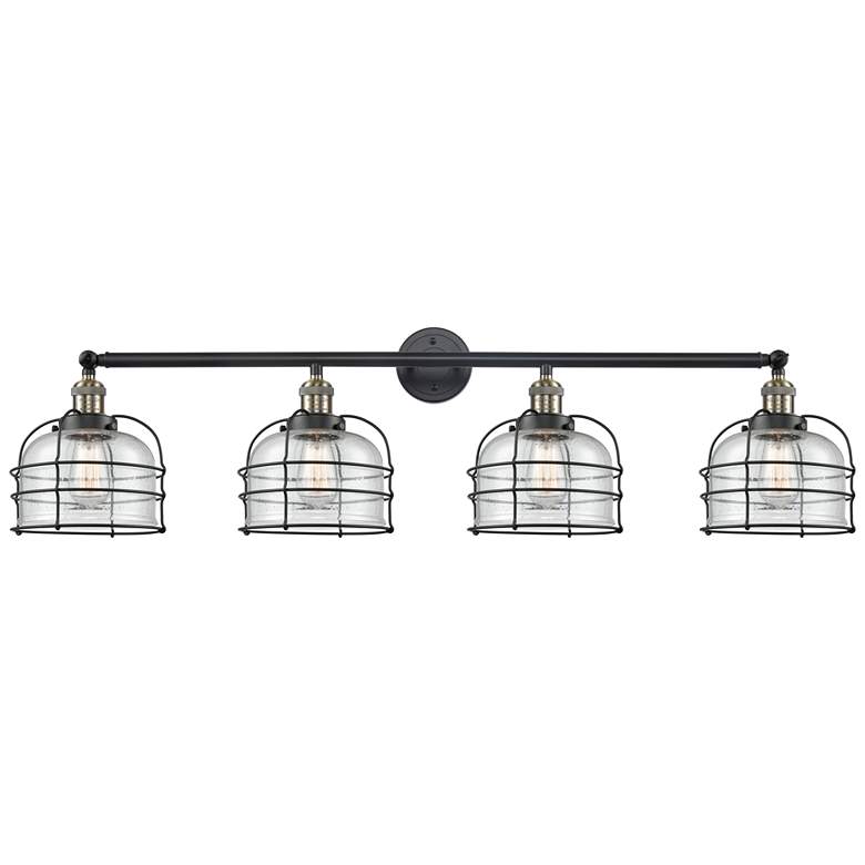 Image 1 Franklin Bell Cage 44"W 4 Light Black Brass Bath Light w/ Seedy Shade