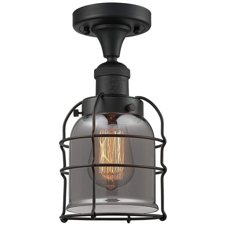 Image 1 Franklin Bell Cage 5"W Matte Black Semi.Flush Mount w/ Plated Smoke Sh