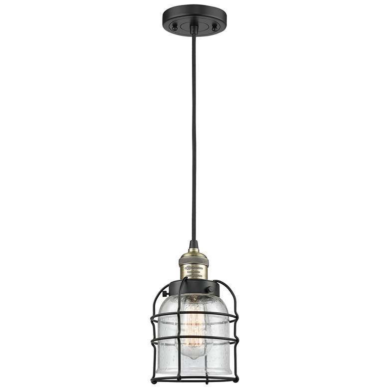 Image 1 Franklin Bell Cage 6" Black Brass Corded Mini Pendant w/ Seedy Shade