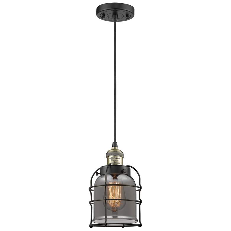 Image 1 Franklin Bell Cage 6" Black Brass Corded Mini Pendant w/ Smoke Shade