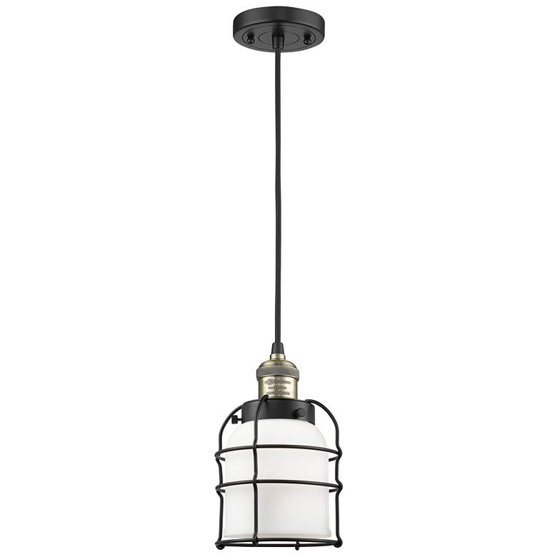 Image 1 Franklin Bell Cage 6" Black Brass Corded Mini Pendant w/ White Shade