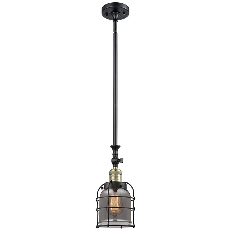 Image 1 Franklin Bell Cage 6"W Black Brass Stem Hung Mini Pendant w/ Smoke Sha