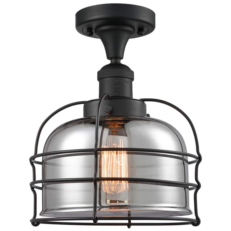 Image 1 Franklin Bell Cage 8"W Matte Black Semi.Flush Mount w/ Plated Smoke Sh