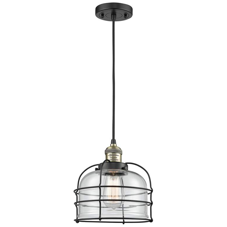 Image 1 Franklin Bell Cage 9" Black Brass Corded Mini Pendant w/ Clear Shade