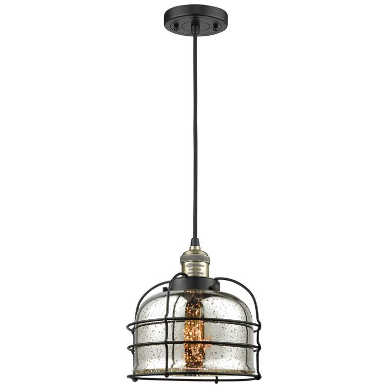Image 1 Franklin Bell Cage 9" Black Brass Corded Mini Pendant w/ Mercury Shade