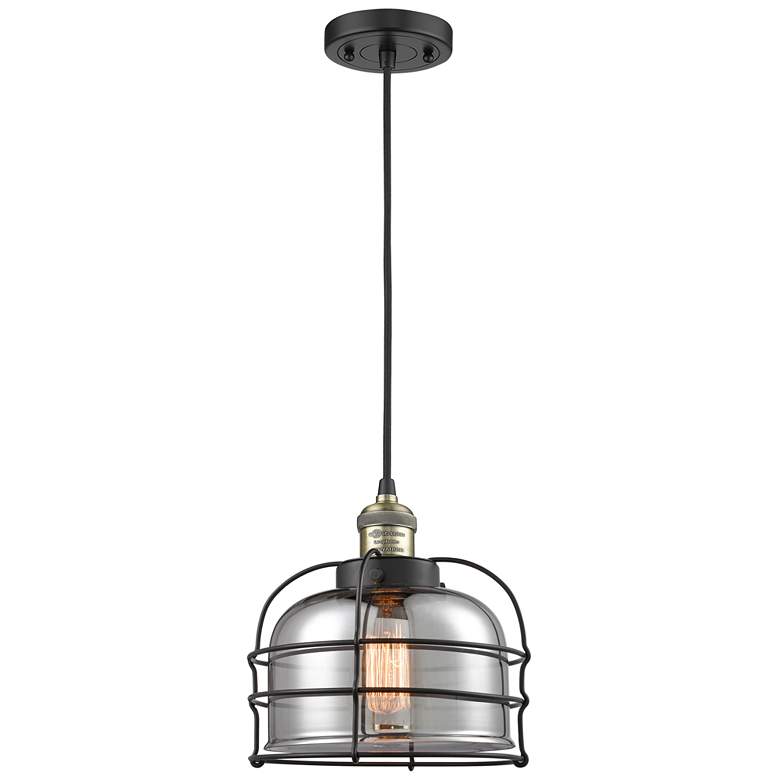 Image 1 Franklin Bell Cage 9" Black Brass Corded Mini Pendant w/ Smoke Shade