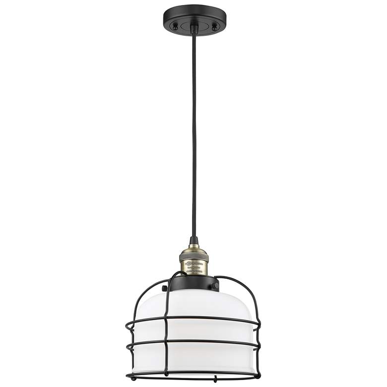 Image 1 Franklin Bell Cage 9" Black Brass Corded Mini Pendant w/ White Shade