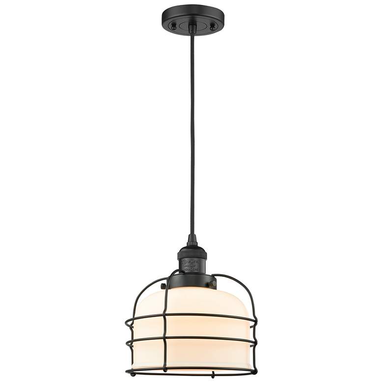 Image 1 Franklin Bell Cage 9" Matte Black Corded Mini Pendant w/ White Shade