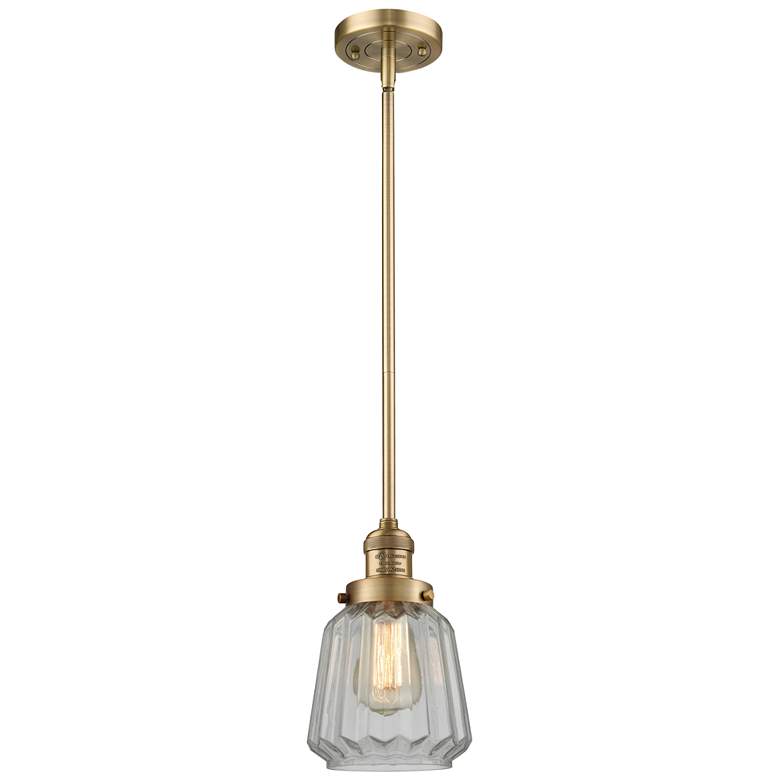 Image 1 Franklin Chatham 7" Brushed Brass Stemmed Mini Pendant w/ Clear Shade