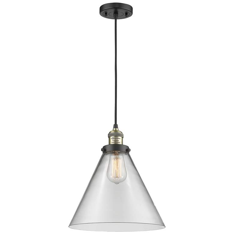 Image 1 Franklin Cone 12" Black Brass Corded Mini Pendant w/ Clear Shade