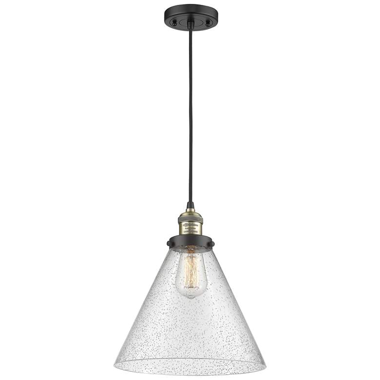 Image 1 Franklin Cone 12" Black Brass Corded Mini Pendant w/ Seedy Shade