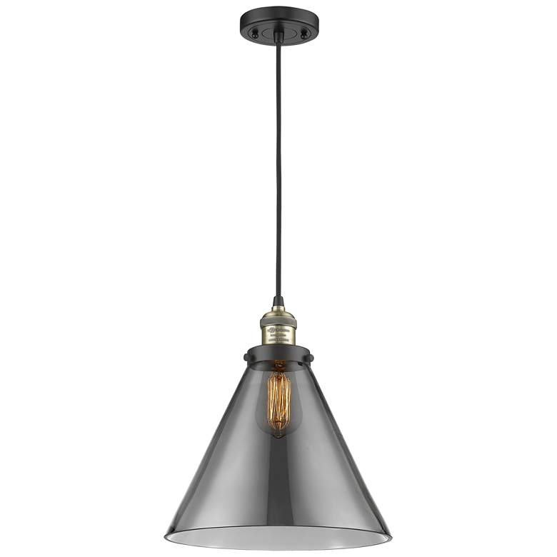 Image 1 Franklin Cone 12" Black Brass Corded Mini Pendant w/ Smoke Shade