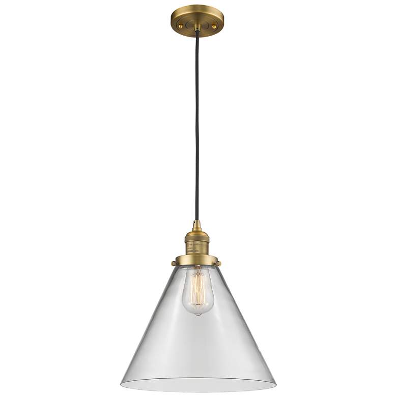 Image 1 Franklin Cone 12" Brushed Brass Corded Mini Pendant w/ Clear Shade