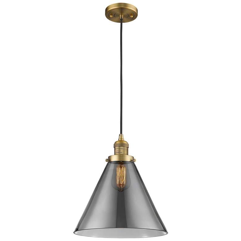 Image 1 Franklin Cone 12" Brushed Brass Corded Mini Pendant w/ Smoke Shade
