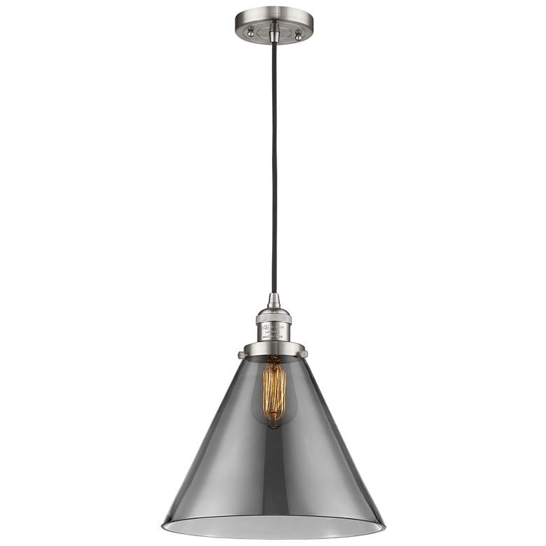 Image 1 Franklin Cone 12" Brushed Nickel Corded Mini Pendant w/ Smoke Shade