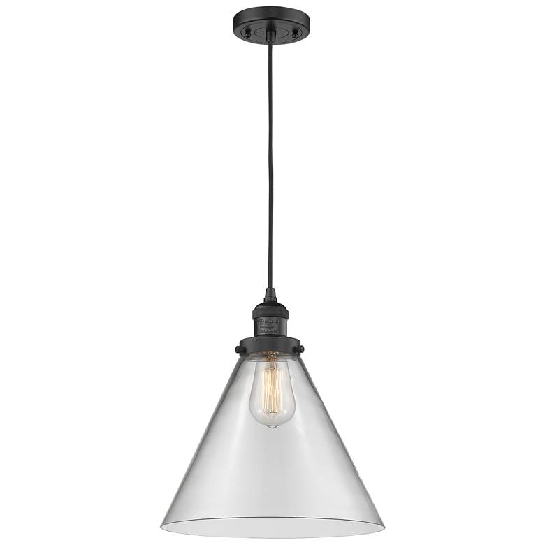 Image 1 Franklin Cone 12" Matte Black Corded Mini Pendant w/ Clear Shade