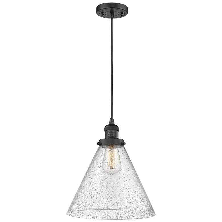 Image 1 Franklin Cone 12" Matte Black Corded Mini Pendant w/ Seedy Shade