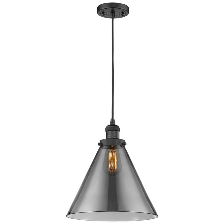 Image 1 Franklin Cone 12" Matte Black Corded Mini Pendant w/ Smoke Shade