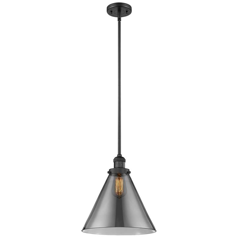 Image 1 Franklin Cone 12" Matte Black Stemmed Mini Pendant w/ Smoke Shade