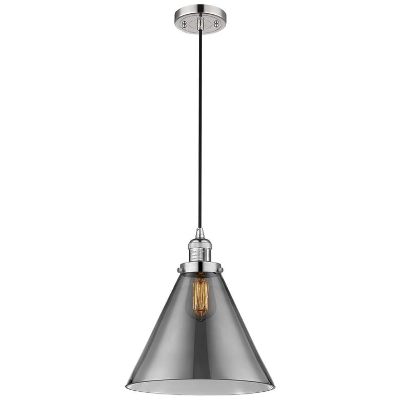 Image 1 Franklin Cone 12" Polished Nickel Corded Mini Pendant w/ Smoke Shade