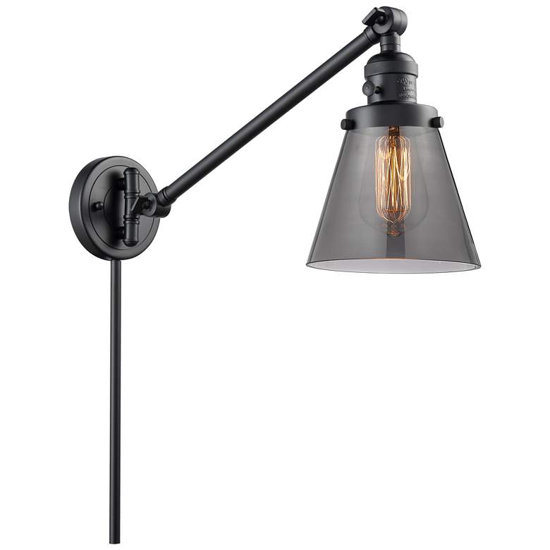 Image 1 Franklin Cone 25 inch High Matte Black Swing Arm w/ Plated Smoke Shade