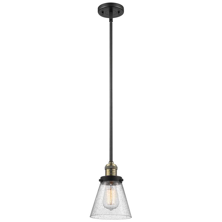 Image 1 Franklin Cone 6" Black Brass Stemmed Mini Pendant w/ Seedy Shade