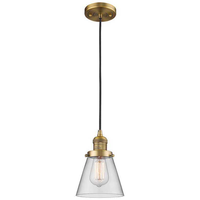 Image 1 Franklin Cone 6" Brushed Brass Corded Mini Pendant w/ Clear Shade