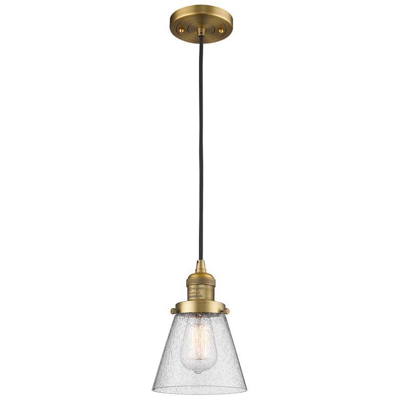 Image 1 Franklin Cone 6" Brushed Brass Corded Mini Pendant w/ Seedy Shade