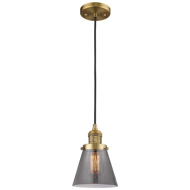 Image 1 Franklin Cone 6" Brushed Brass Corded Mini Pendant w/ Smoke Shade