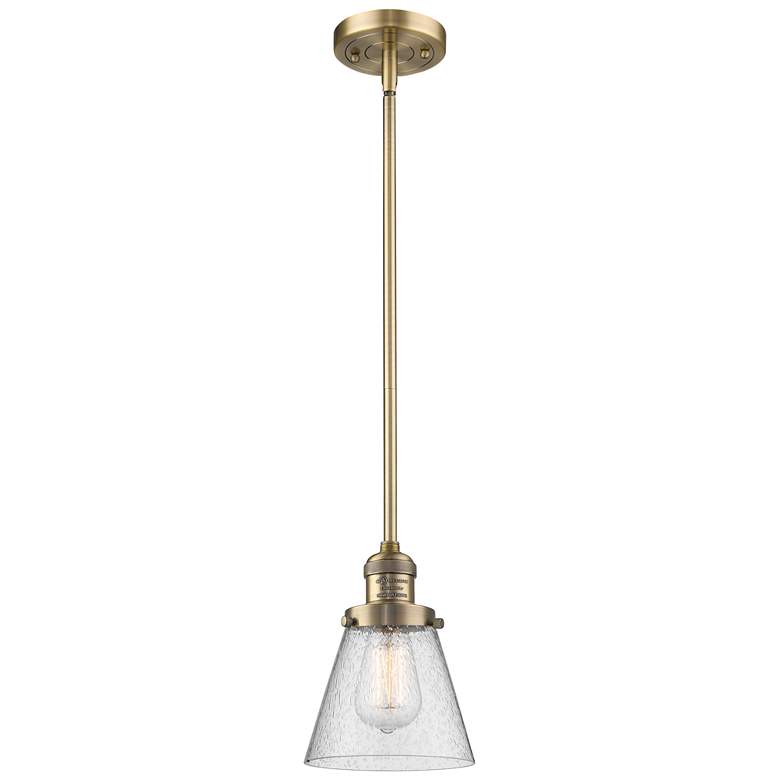 Image 1 Franklin Cone 6" Brushed Brass Stemmed Mini Pendant w/ Seedy Shade