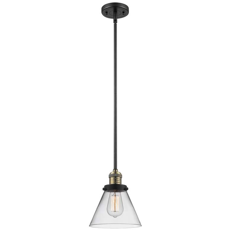 Image 1 Franklin Cone 8" Black Brass Stemmed Mini Pendant w/ Clear Shade