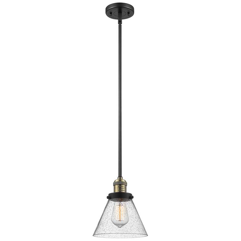 Image 1 Franklin Cone 8" Black Brass Stemmed Mini Pendant w/ Seedy Shade