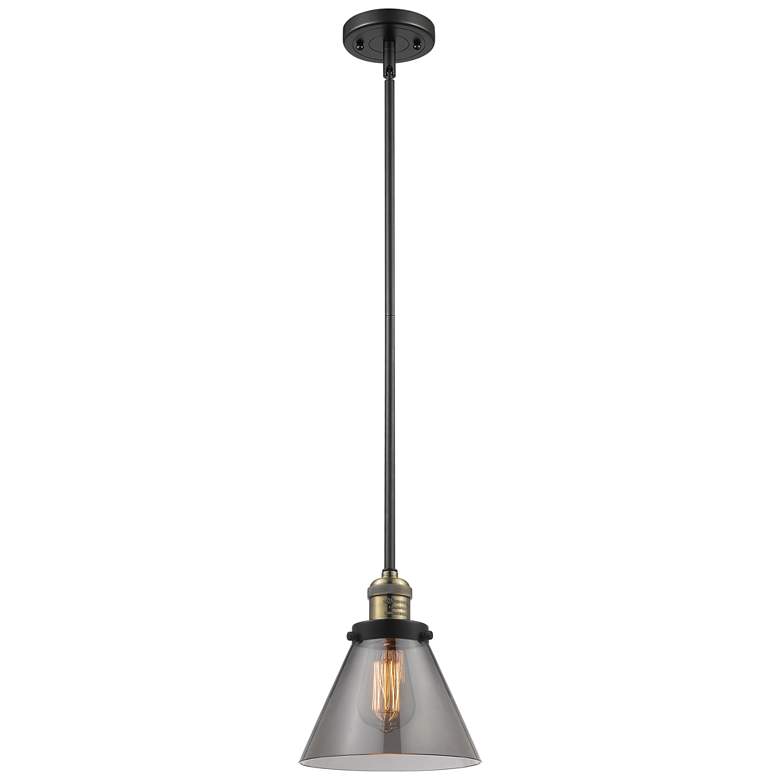 Image 1 Franklin Cone 8" Black Brass Stemmed Mini Pendant w/ Smoke Shade