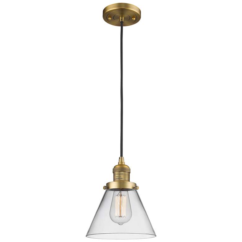 Image 1 Franklin Cone 8" Brushed Brass Corded Mini Pendant w/ Clear Shade