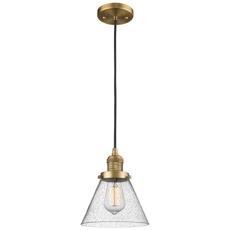 Image 1 Franklin Cone 8" Brushed Brass Corded Mini Pendant w/ Seedy Shade