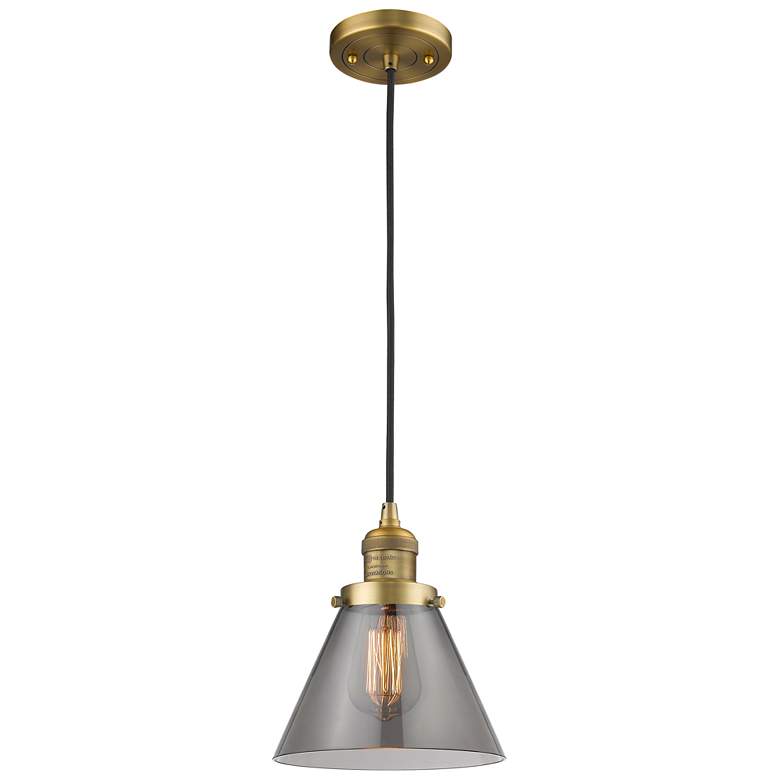 Image 1 Franklin Cone 8" Brushed Brass Corded Mini Pendant w/ Smoke Shade