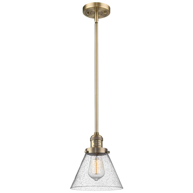 Image 1 Franklin Cone 8" Brushed Brass Stemmed Mini Pendant w/ Seedy Shade