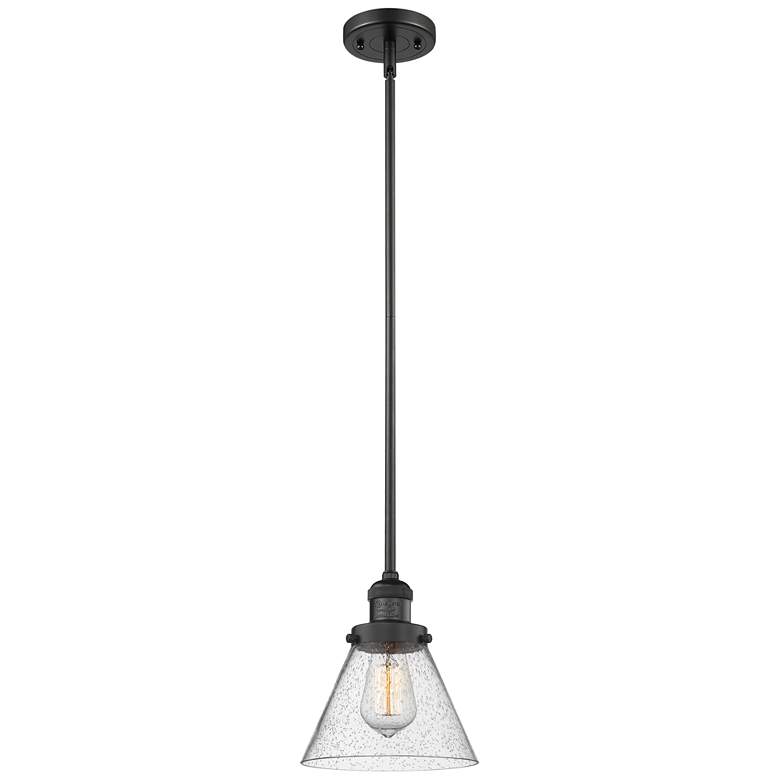 Image 1 Franklin Cone 8" Matte Black Stemmed Mini Pendant w/ Seedy Shade