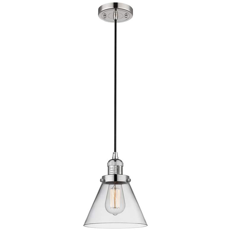 Image 1 Franklin Cone 8" Polished Nickel Corded Mini Pendant w/ Clear Shade