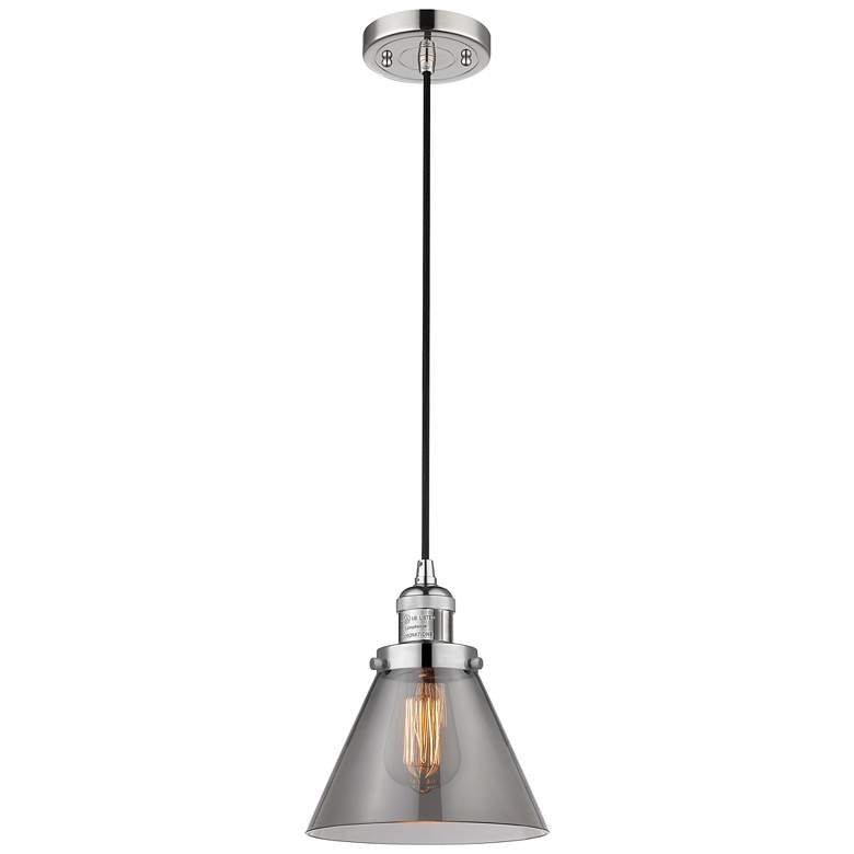 Image 1 Franklin Cone 8" Polished Nickel Corded Mini Pendant w/ Smoke Shade