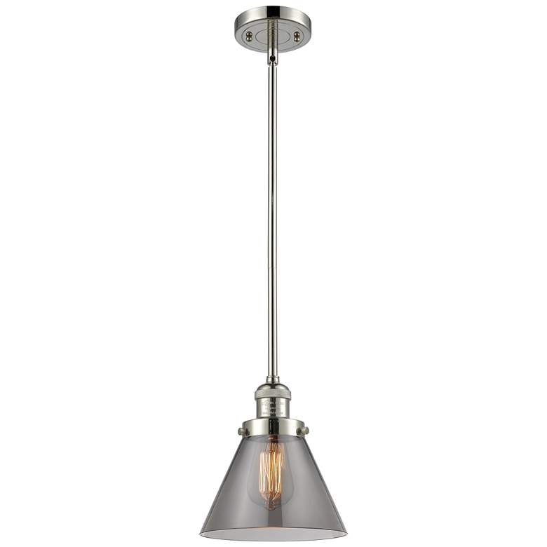 Image 1 Franklin Cone 8" Polished Nickel Stemmed Mini Pendant w/ Smoke Shade