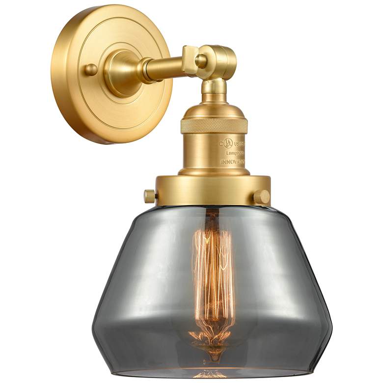 Image 1 Franklin Fulton 11" High Satin Gold Sconce w/ Plated Smoke Shade