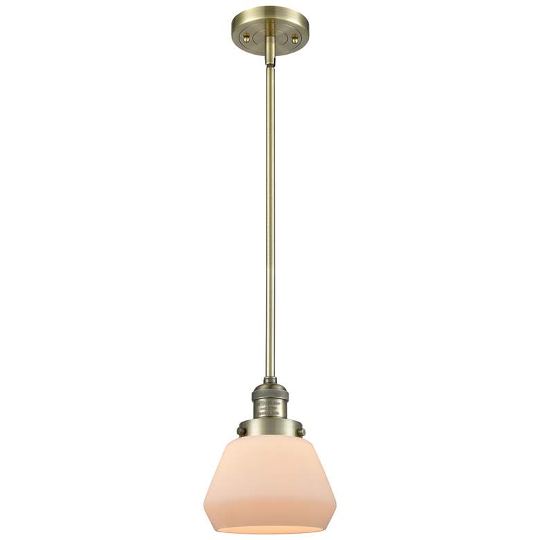 Image 1 Franklin Fulton 7" Wide Antique Brass Stem Hung Mini Pendant w/ White