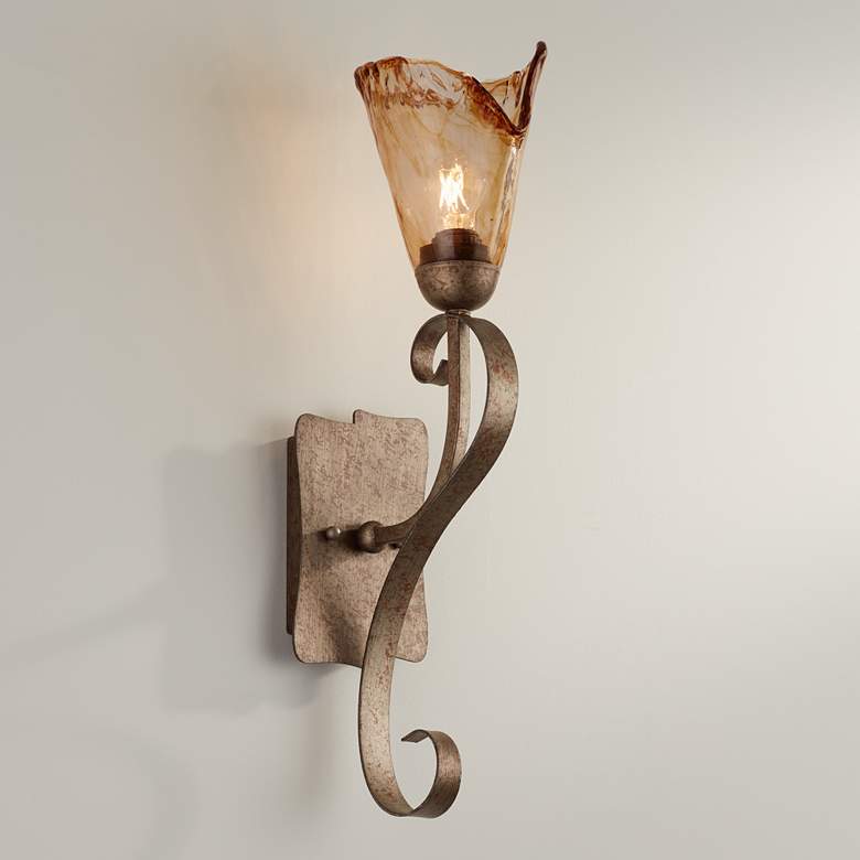 Image 2 Franklin Iron Amber Scroll 23 1/2" High Glass and Bronze Wall Sconce