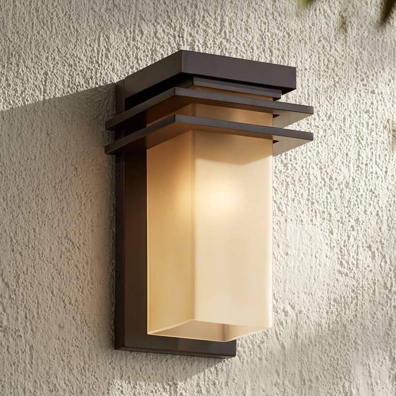 Image 1 Franklin Iron Bernadine 12" Bronze and Amber Glass Outdoor Wall Light