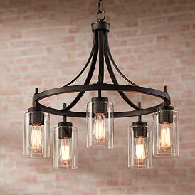 Image2 of Franklin Iron Caleb 23 3/4" Wide Bronze and Glass 5-Light Chandelier