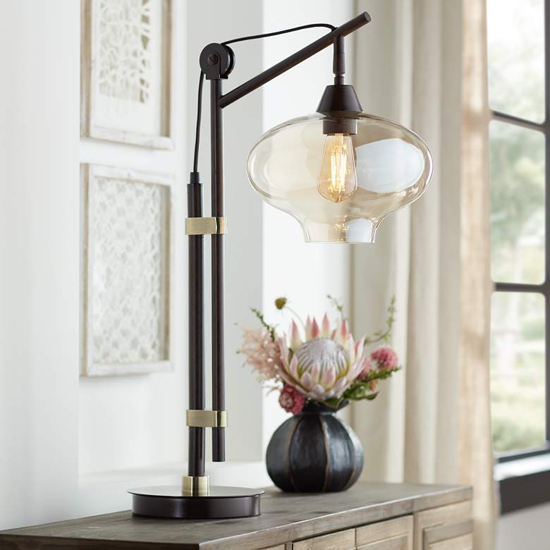 Image 1 Franklin Iron Calyx Bronze and Cognac Glass Industrial Pulley Table Lamp