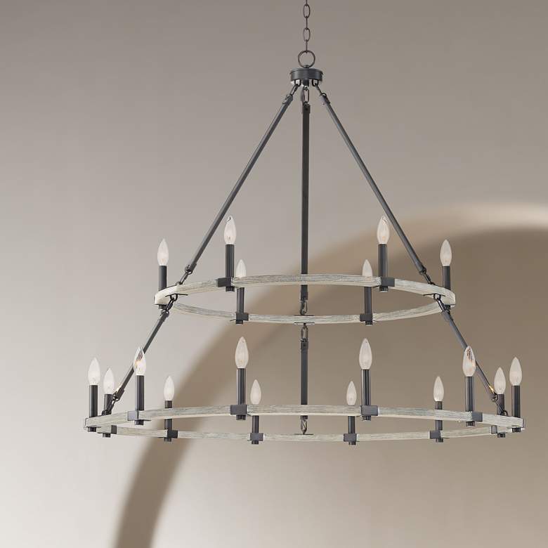 Image 1 Franklin Iron Caroline 46 1/4" Black and Wood 2-Tier Ring Chandelier