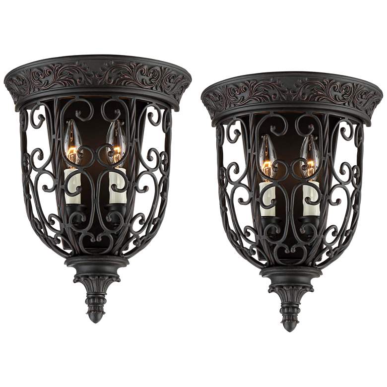 Image 2 Franklin Iron French Scroll 14 1/4 inch Rubbed Bronze Wall Sconces Set