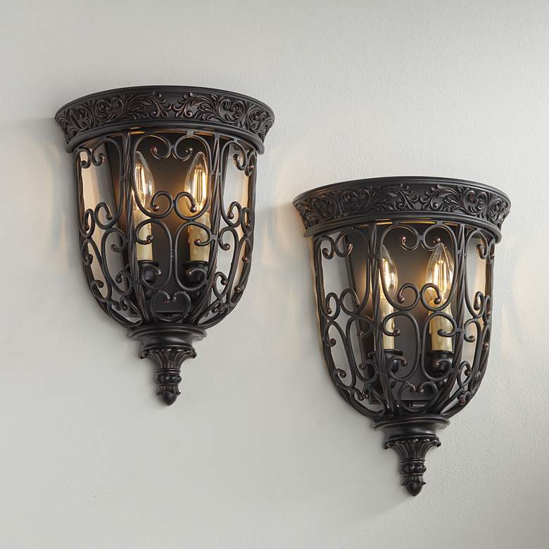 Image 1 Franklin Iron French Scroll 14 1/4 inch Rubbed Bronze Wall Sconces Set